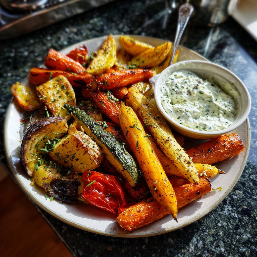 Abendessen mit Ofengemüse und Kräuterquark