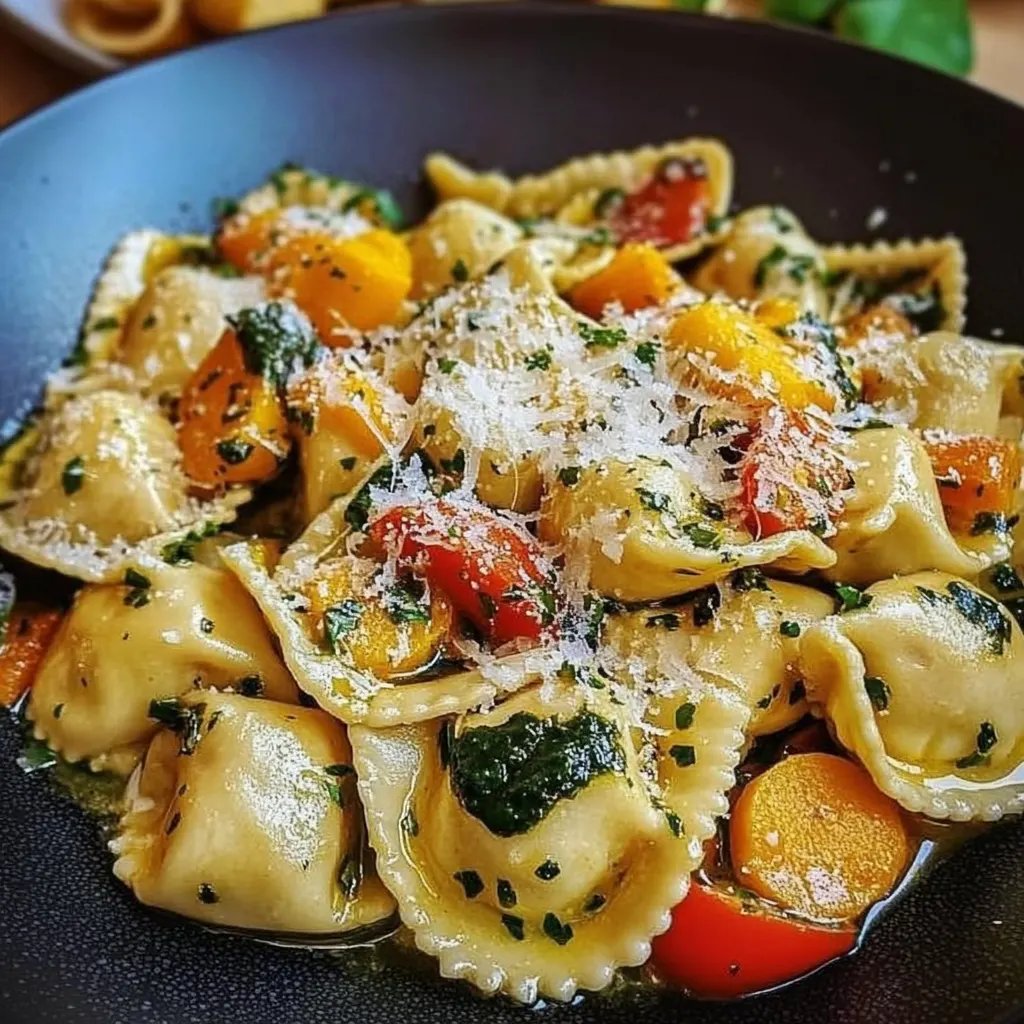 Bunte Ravioli und Gemüsepfanne