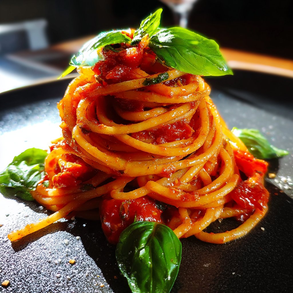Spaghetti mit Tomaten und Basilikum