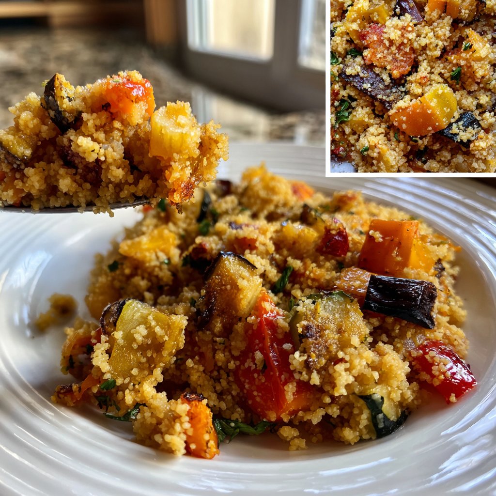Mittagessen mit Bulgur und Ofengemüse