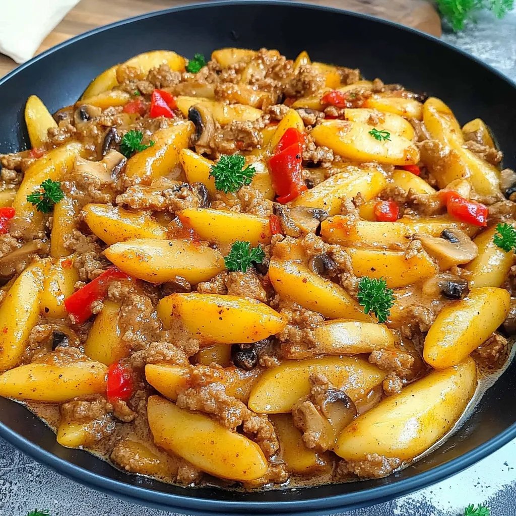 Schupfnudel Hackpfanne mit Champignons und Paprika